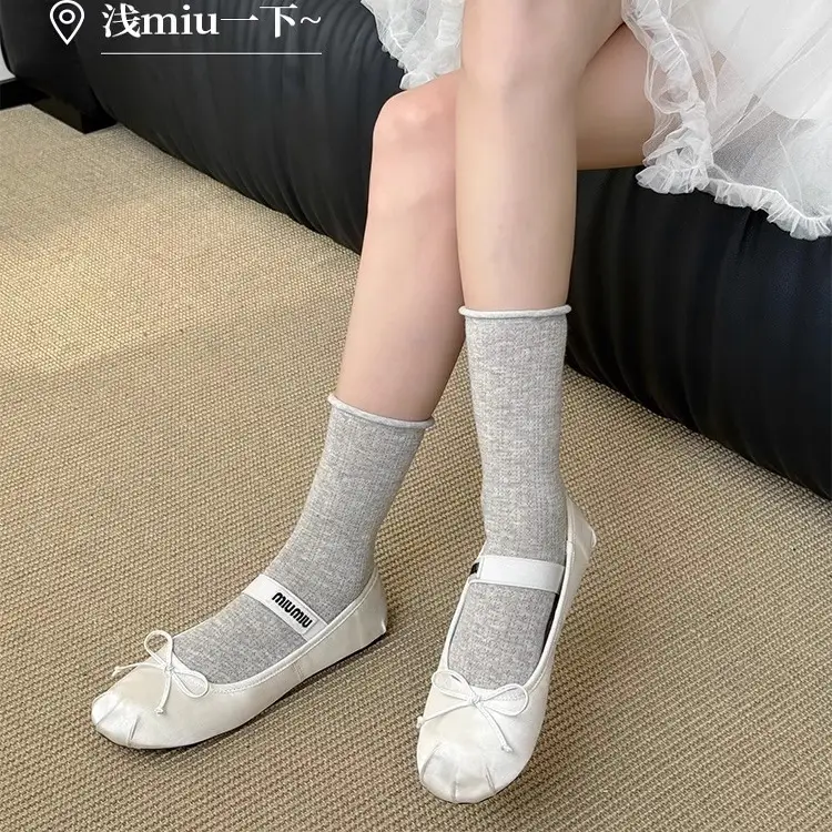 Curled Stacking Socks Children's Stockings Ins Trendy Pure Cotton Spring and Autumn Japanese Style Jk Hollow Mesh Solid Color Summer Mid-length Socks