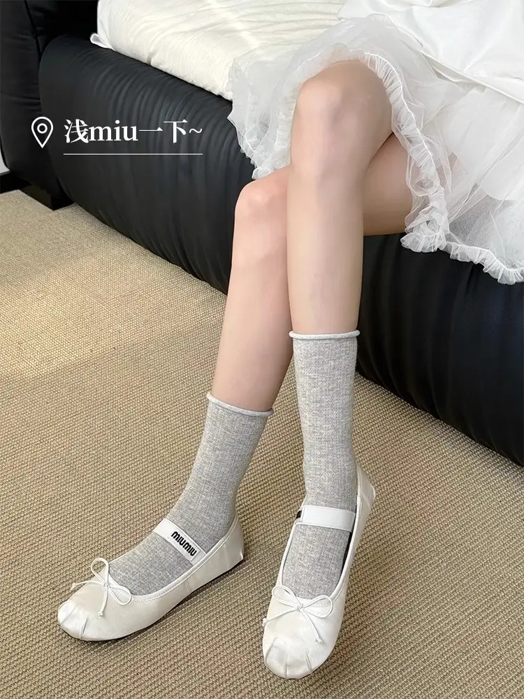 Curled Stacking Socks Children's Stockings Ins Trendy Pure Cotton Spring and Autumn Japanese Style Jk Hollow Mesh Solid Color Summer Mid-length Socks — feature 5