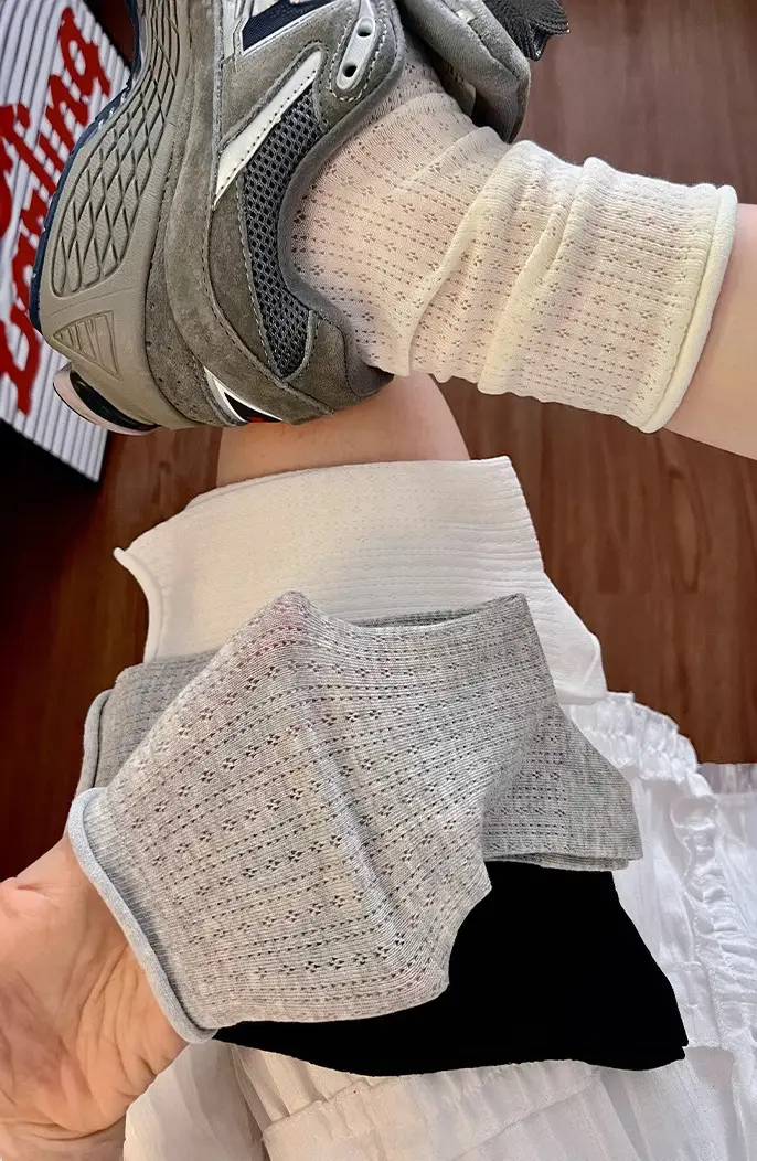 Curled Stacking Socks Children's Stockings Ins Trendy Pure Cotton Spring and Autumn Japanese Style Jk Hollow Mesh Solid Color Summer Mid-length Socks — feature 6