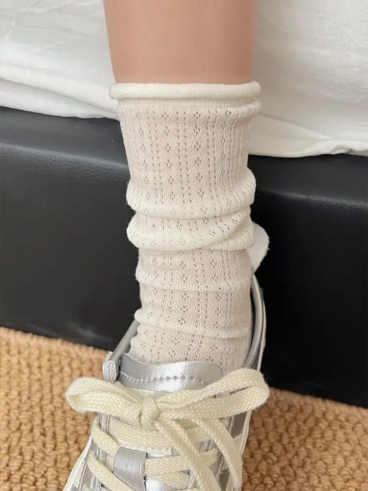 Curled Stacking Socks Children's Stockings Ins Trendy Pure Cotton Spring and Autumn Japanese Style Jk Hollow Mesh Solid Color Summer Mid-length Socks — feature 7