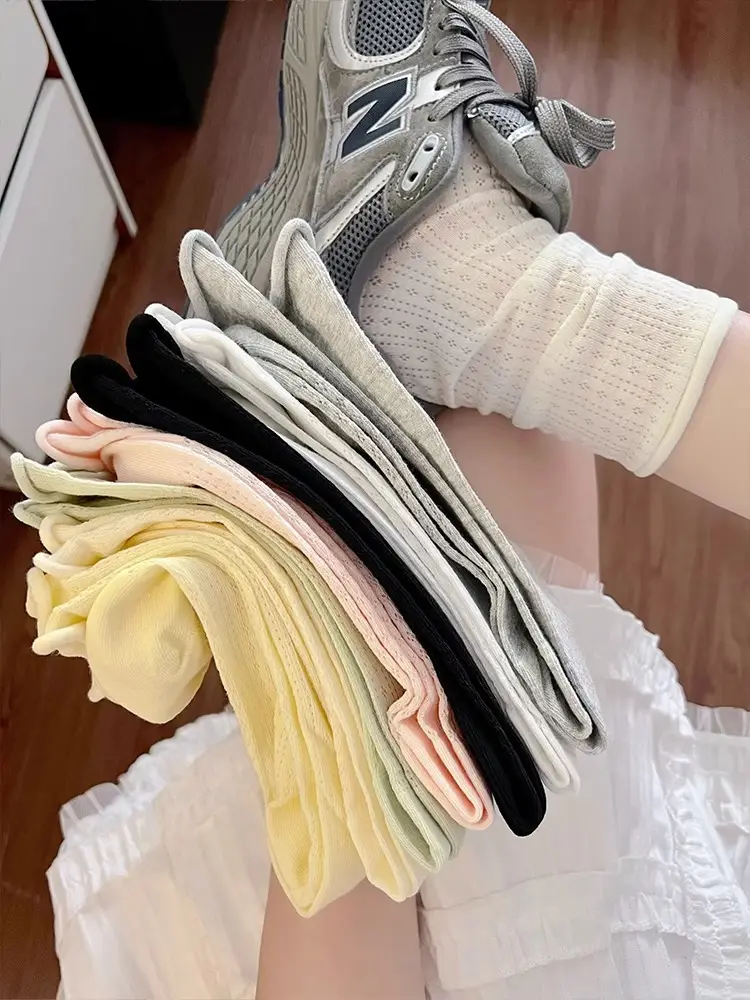 Curled Stacking Socks Children's Stockings Ins Trendy Pure Cotton Spring and Autumn Japanese Style Jk Hollow Mesh Solid Color Summer Mid-length Socks — feature 8