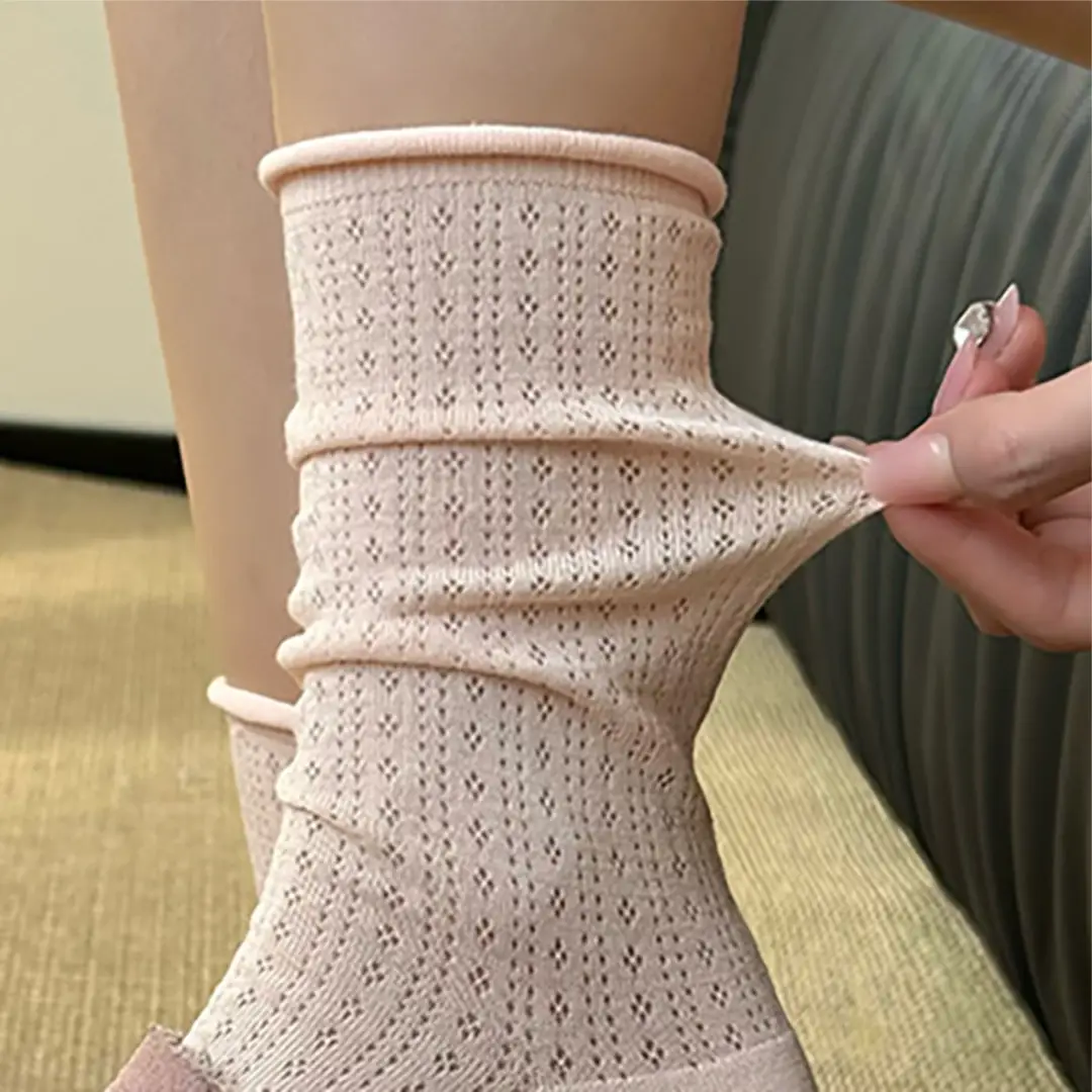 Curled Stacking Socks Children's Stockings Ins Trendy Pure Cotton Spring and Autumn Japanese Style Jk Hollow Mesh Solid Color Summer Mid-length Socks