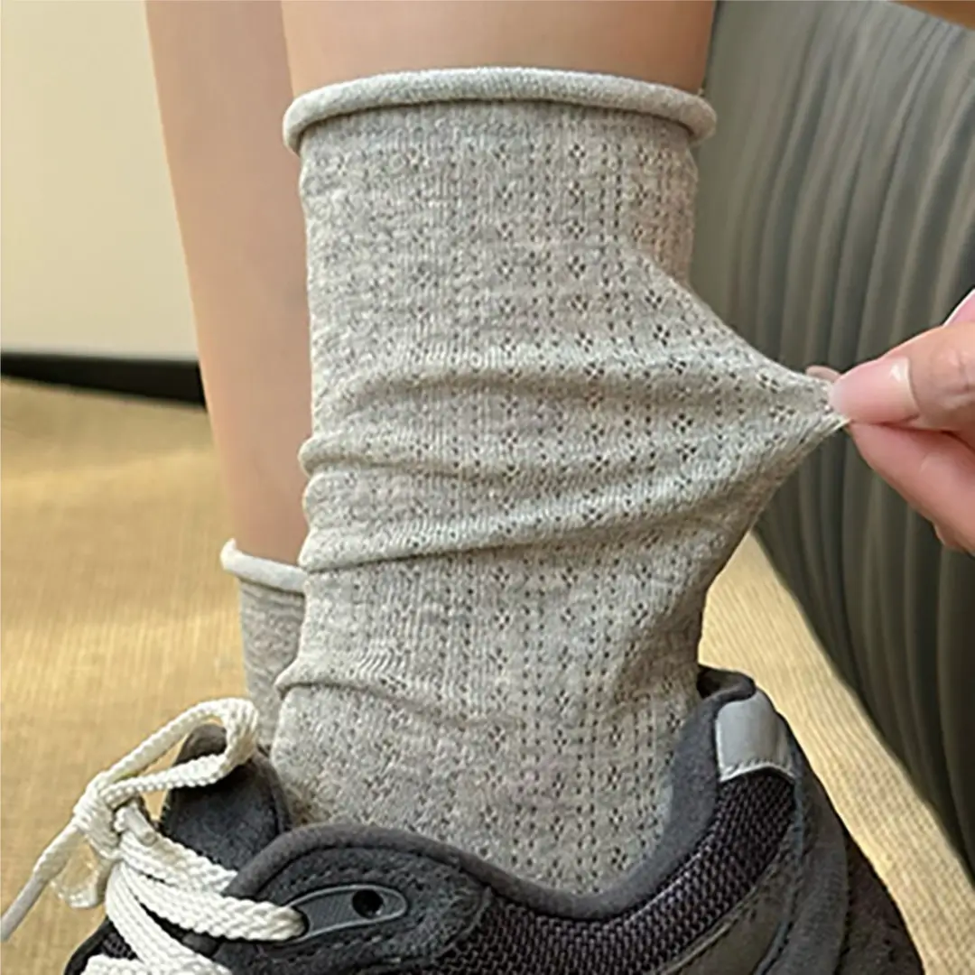 Curled Stacking Socks Children's Stockings Ins Trendy Pure Cotton Spring and Autumn Japanese Style Jk Hollow Mesh Solid Color Summer Mid-length Socks