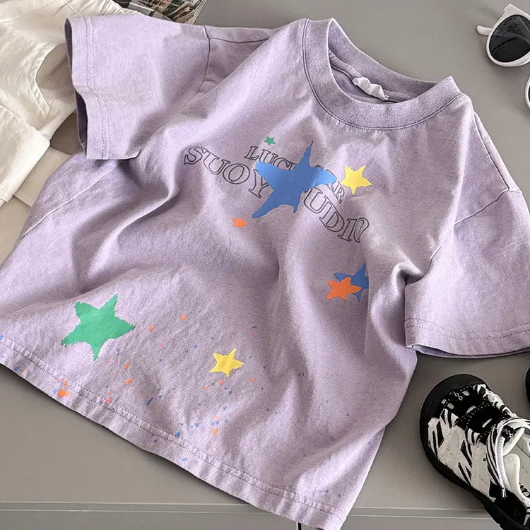 Kids T-Shirt Purple Star Print Short Sleeve - Image 2