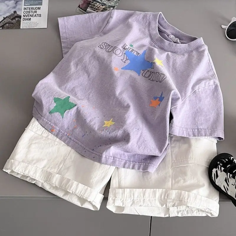Kids T-Shirt Purple Star Print Short Sleeve - Image 4