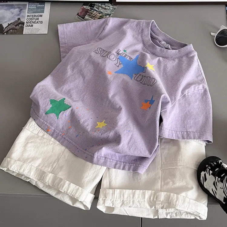 Kids T-Shirt Purple Star Print Short Sleeve — feature 1