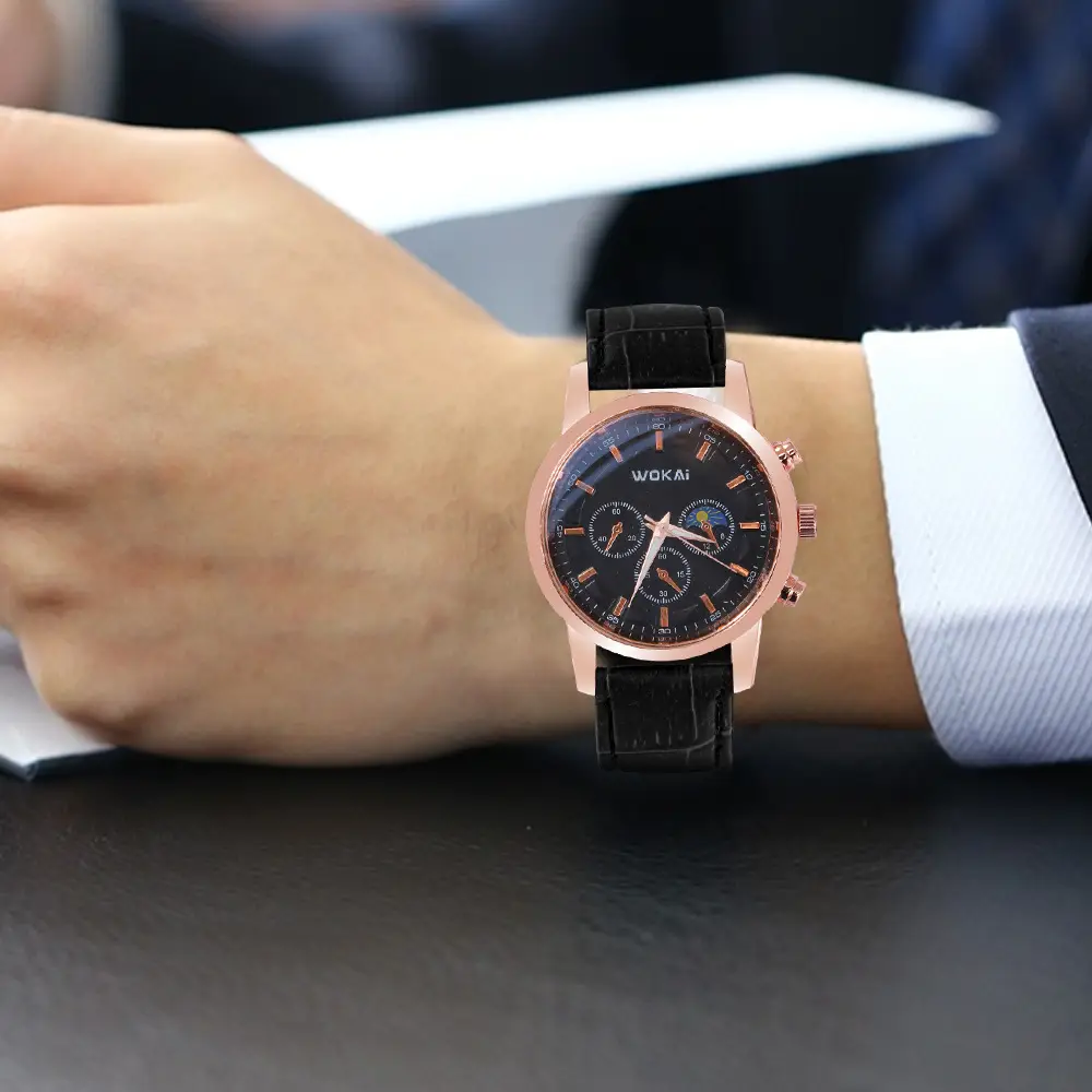 Wokai Men's Rose Gold Chronograph Watch Black Strap - Image 6
