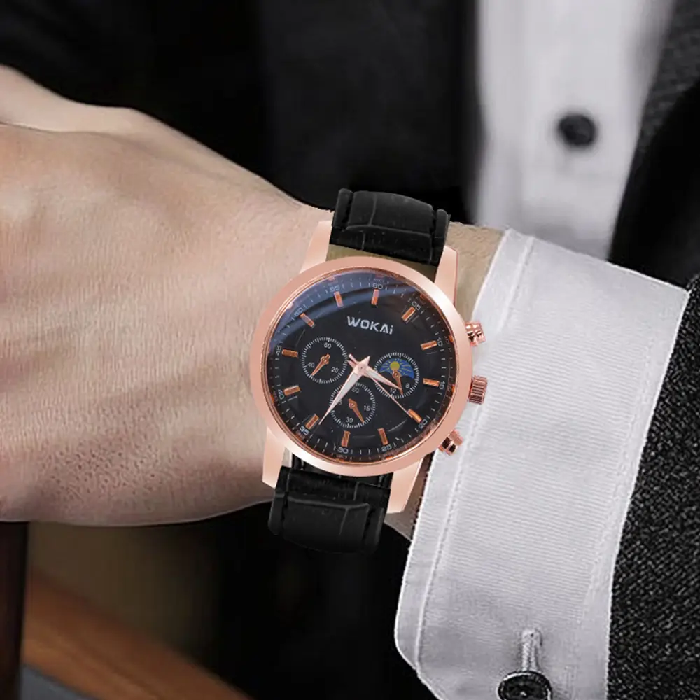 Wokai Men's Rose Gold Chronograph Watch Black Strap - Image 7