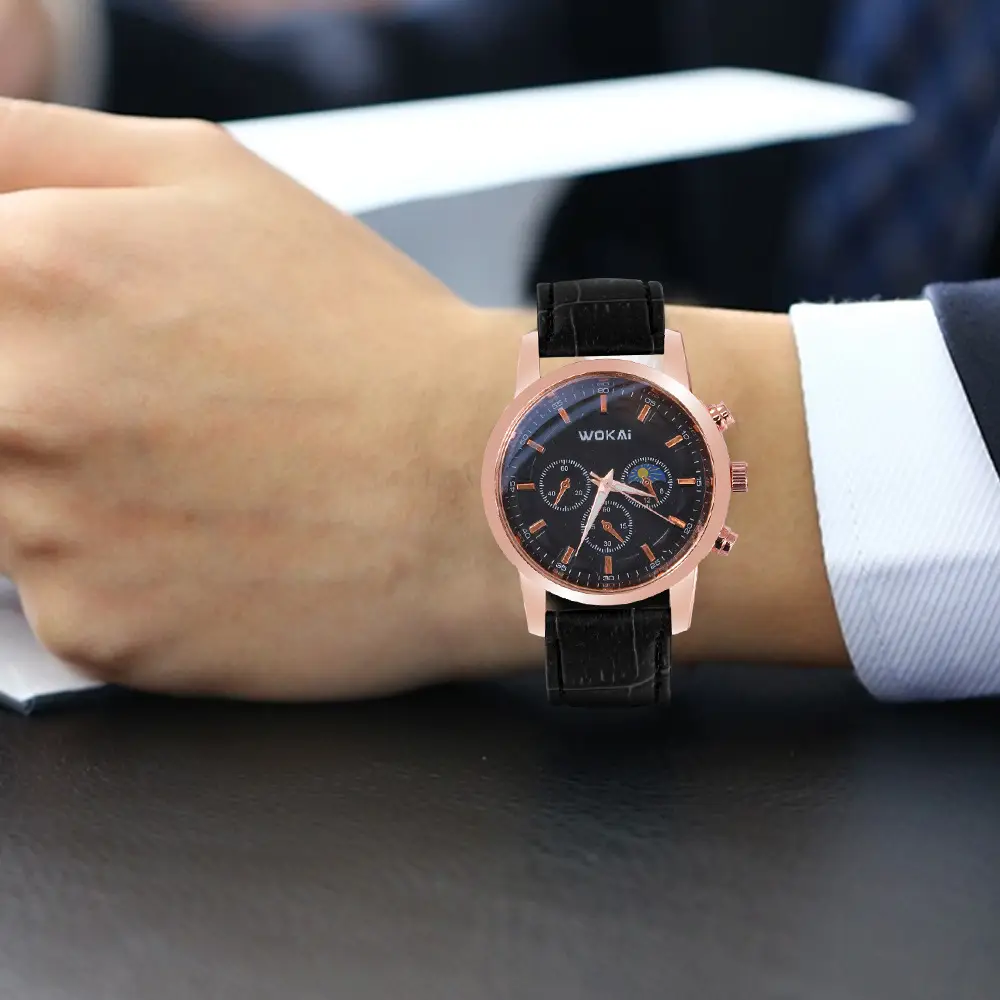 Wokai Men's Rose Gold Chronograph Watch Black Strap — feature 8