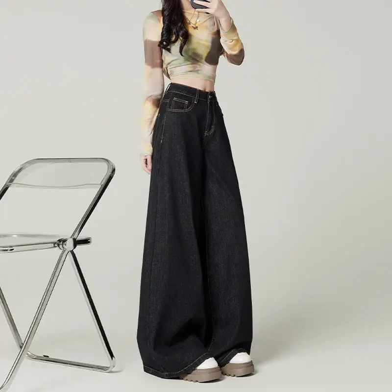 Women Dark Blue Wide Leg Jeans 2025 Spring Slimming