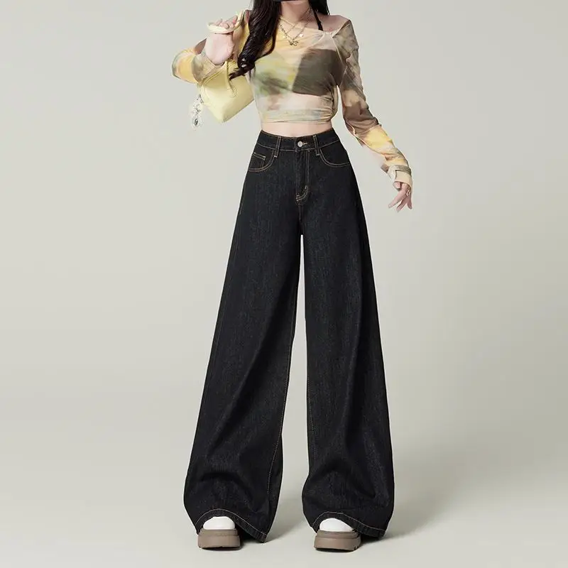 Women Dark Blue Wide Leg Jeans 2025 Spring Slimming