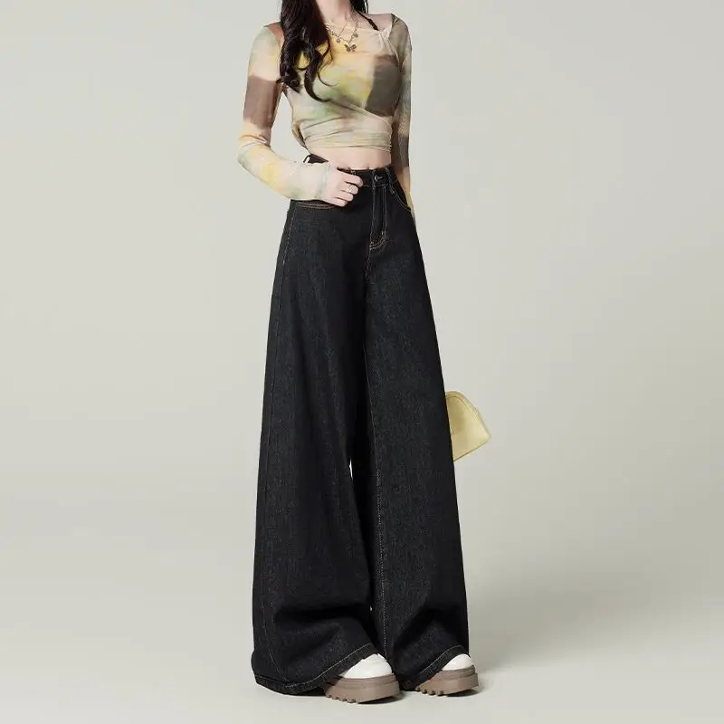 Women Dark Blue Wide Leg Jeans 2025 Spring Slimming