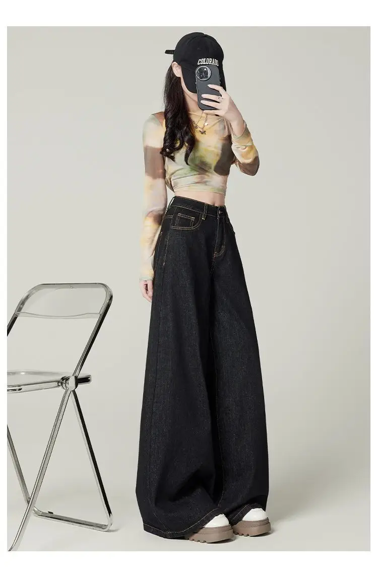 Women Dark Blue Wide Leg Jeans 2025 Spring Slimming — feature 2