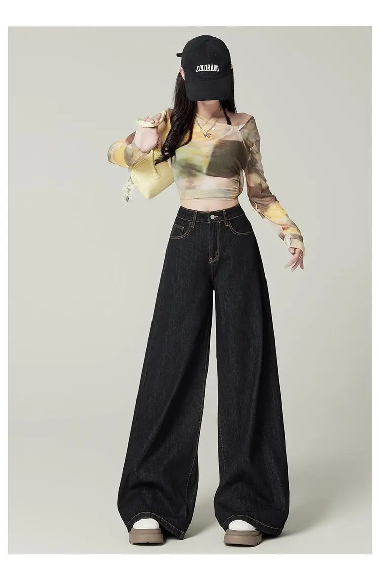Women Dark Blue Wide Leg Jeans 2025 Spring Slimming — feature 3