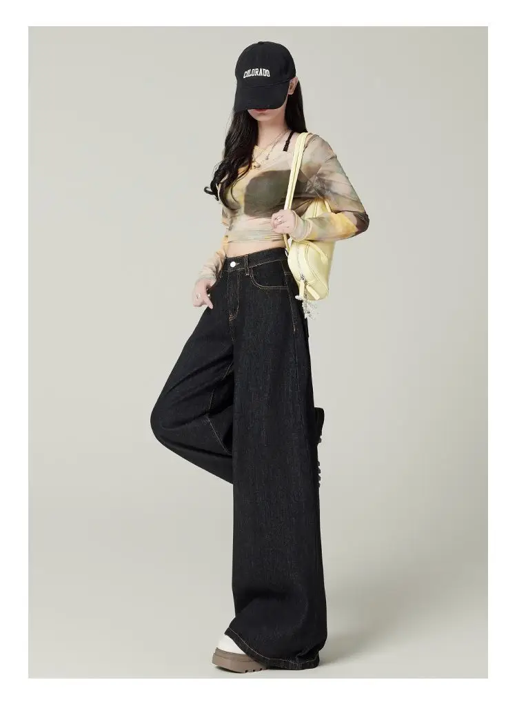 Women Dark Blue Wide Leg Jeans 2025 Spring Slimming — feature 5
