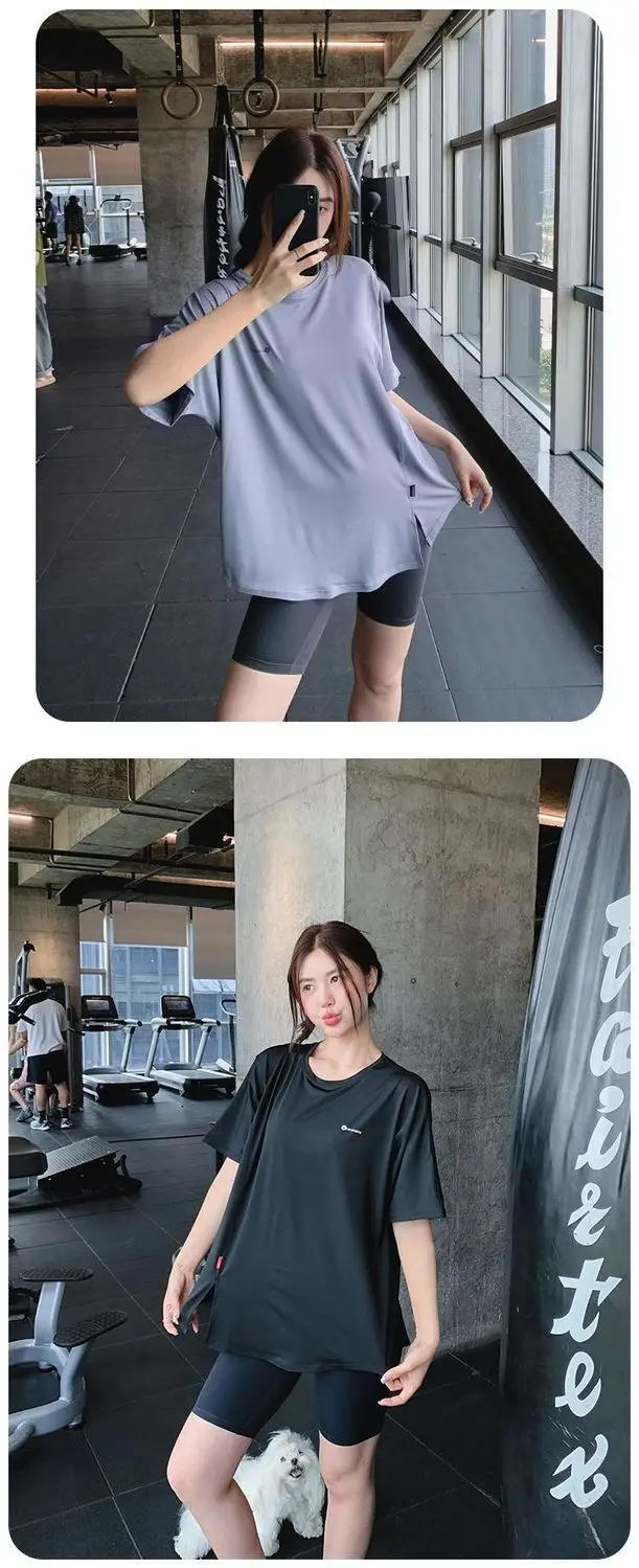 plus size Fitness Yoga Clothing suit Summer Short-sleeved Loose Chubby Sister Mid-length Hip Covering Outdoor Sports Running suit — feature 9