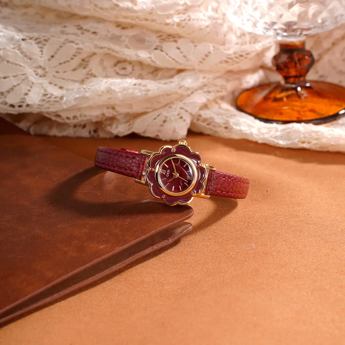Gold Petal Watch for Women with Leather Strap Quartz - Image 8