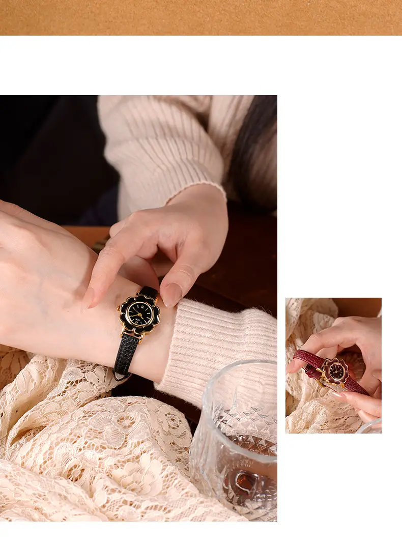 Gold Petal Watch for Women with Leather Strap Quartz — feature 11