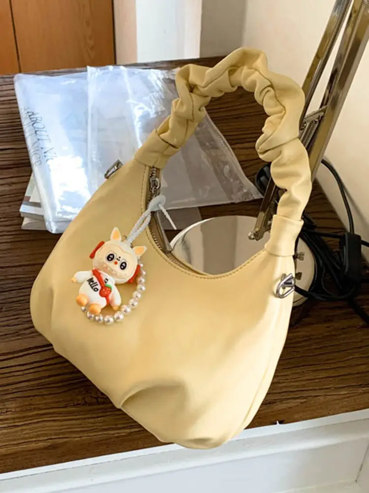 Women's Pleated Shoulder Bag with Doll Design Beige - Image 6
