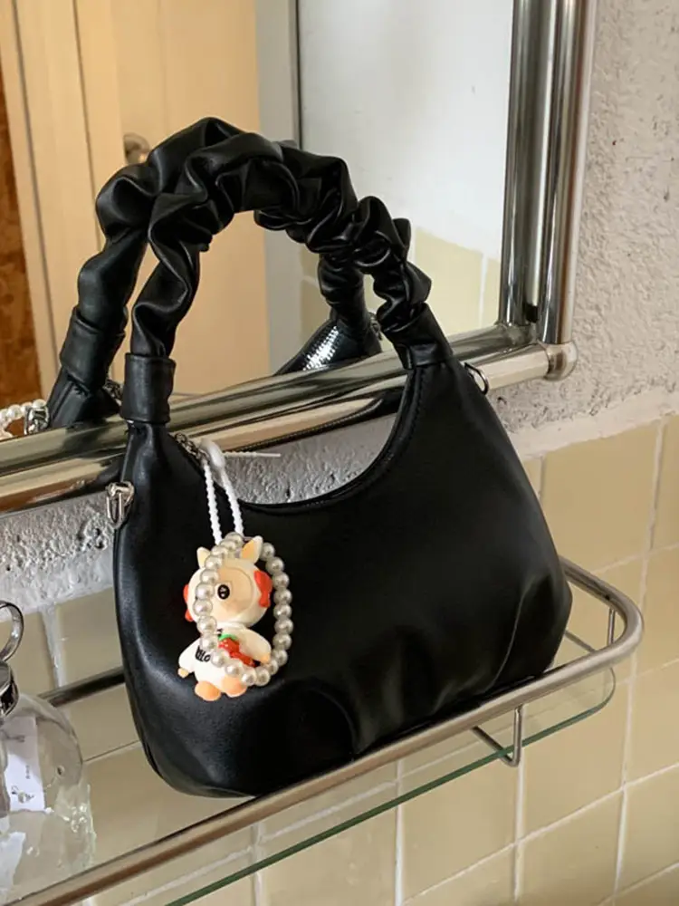 Women's Pleated Shoulder Bag with Doll Design Beige - Image 7