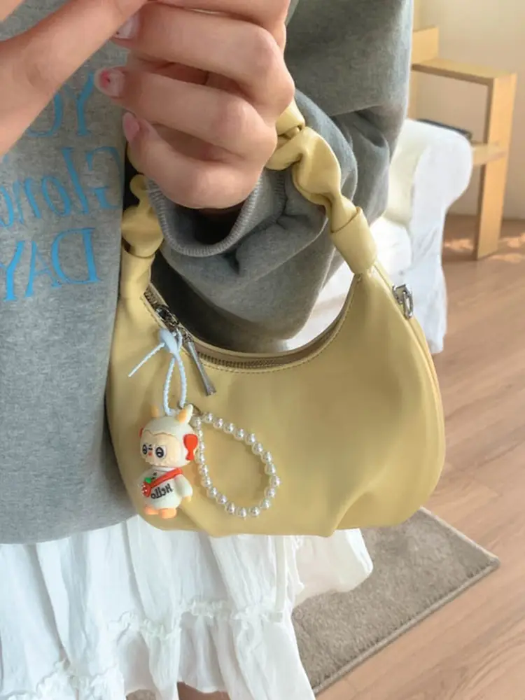 Women's Pleated Shoulder Bag with Doll Design Beige - Image 8