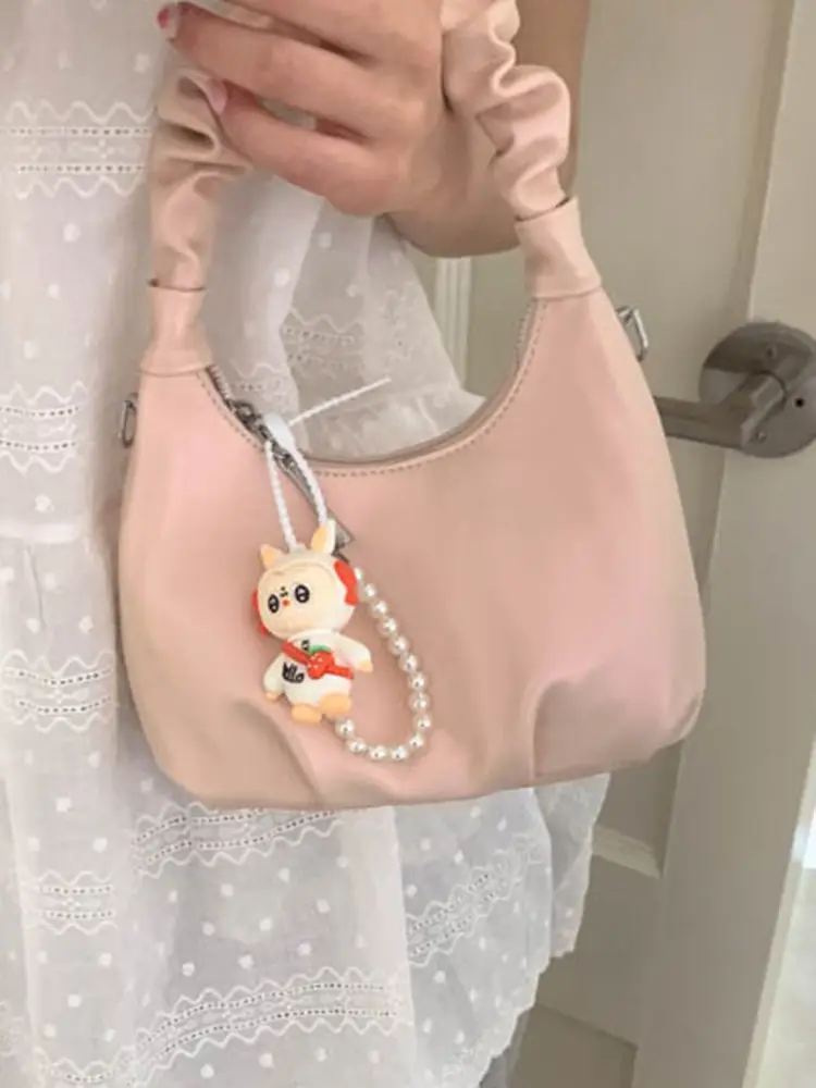 Women's Pleated Shoulder Bag with Doll Design Beige - Image 9
