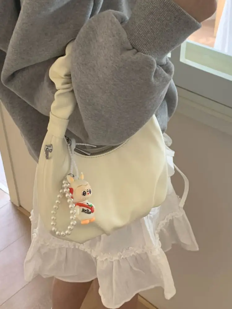 Women's Pleated Shoulder Bag with Doll Design Beige - Image 10