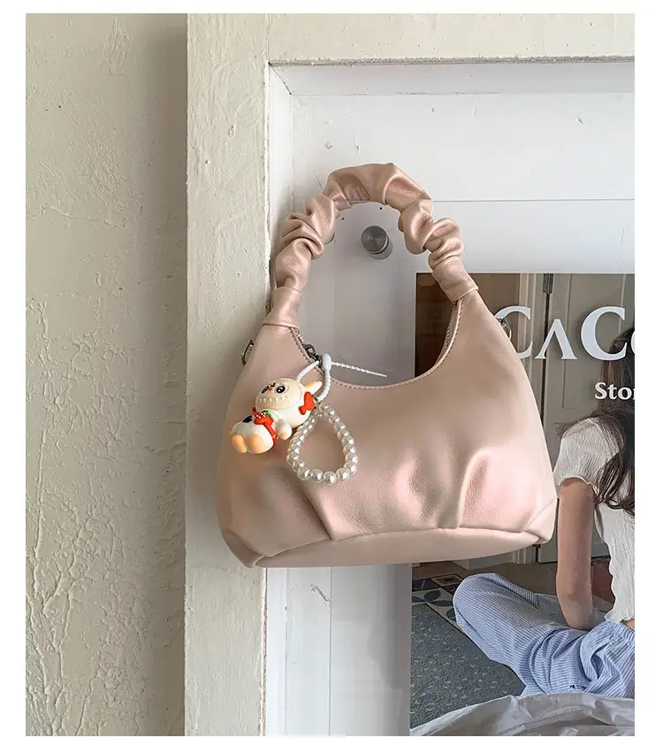 Women's Pleated Shoulder Bag with Doll Design Beige — feature 11