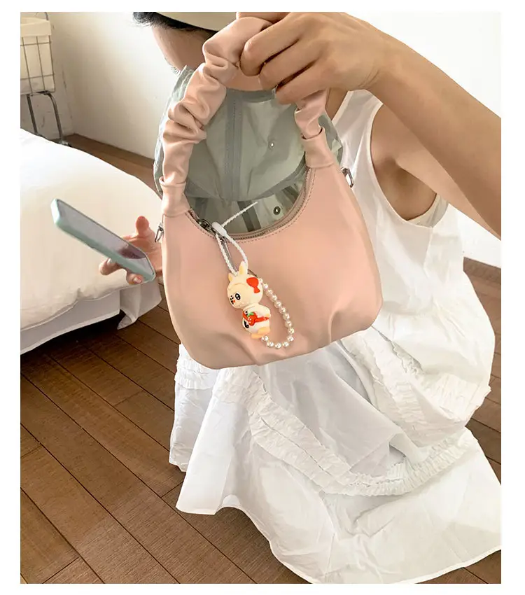 Women's Pleated Shoulder Bag with Doll Design Beige — feature 20