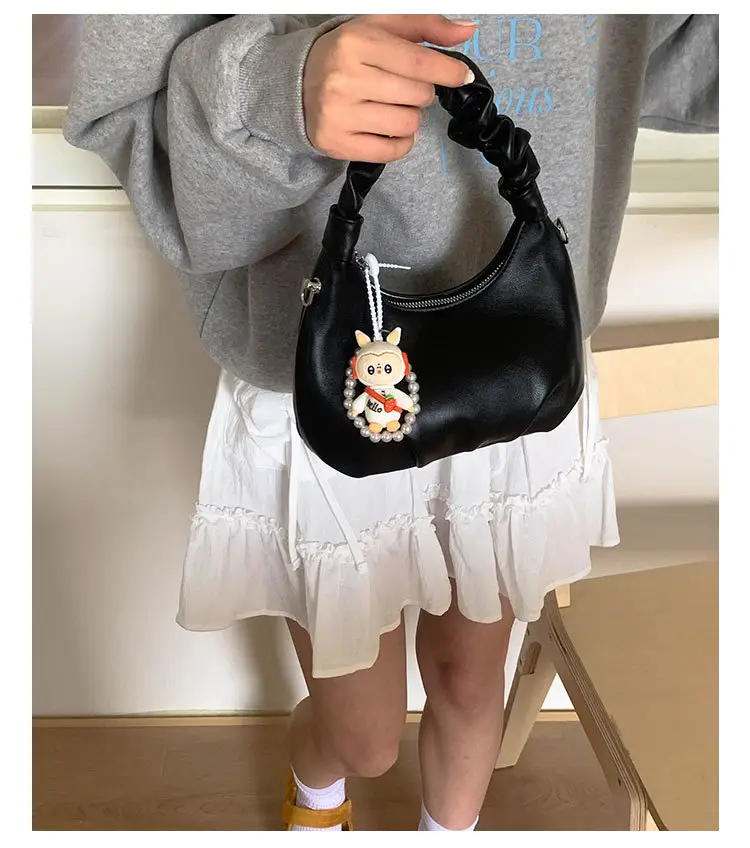 Women's Pleated Shoulder Bag with Doll Design Beige — feature 25