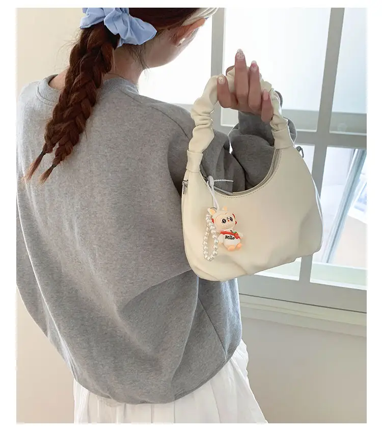 Women's Pleated Shoulder Bag with Doll Design Beige — feature 26