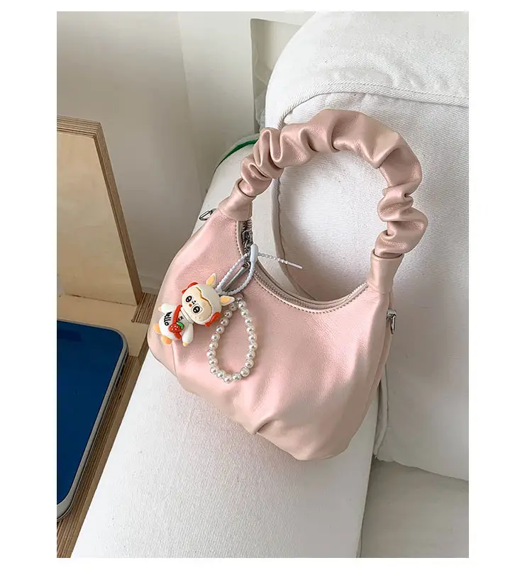 Women's Pleated Shoulder Bag with Doll Design Beige — feature 30