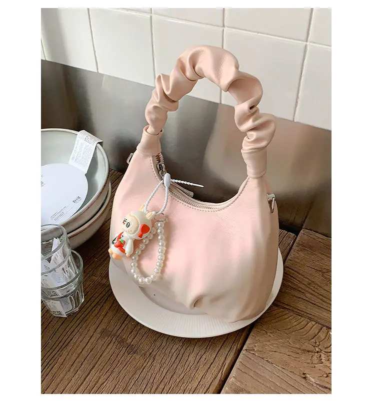 Women's Pleated Shoulder Bag with Doll Design Beige — feature 31