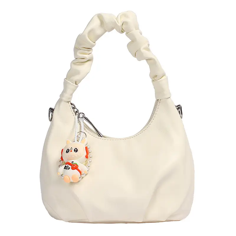Women's Pleated Shoulder Bag with Doll Design Beige