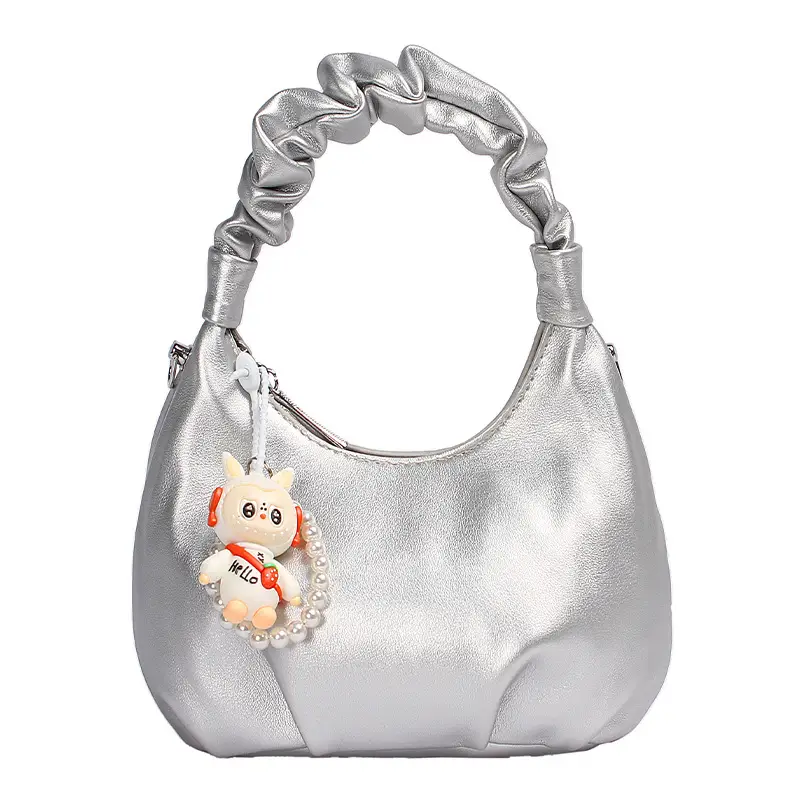 Women's Pleated Shoulder Bag with Doll Design Beige - Image 2