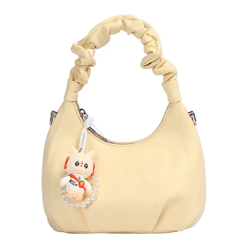 Women's Pleated Shoulder Bag with Doll Design Beige - Image 3
