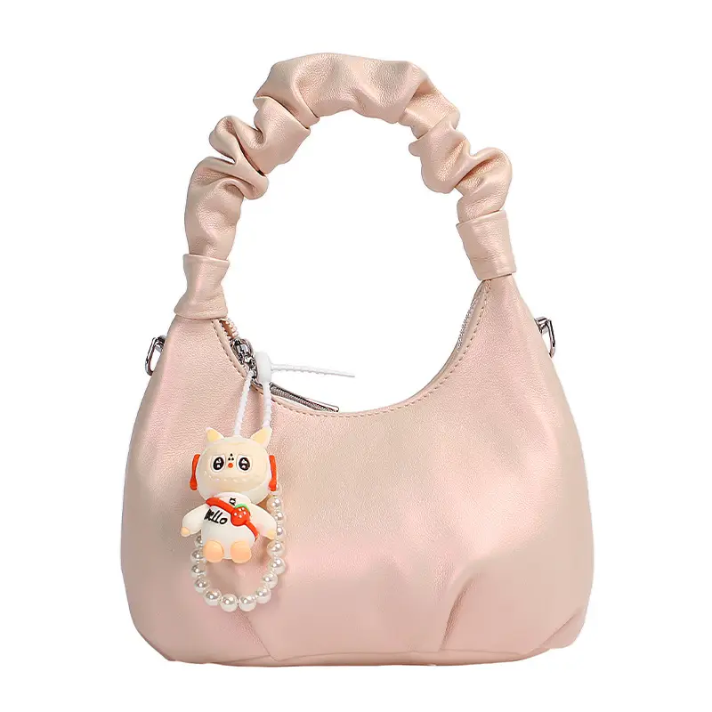 Women's Pleated Shoulder Bag with Doll Design Beige - Image 4
