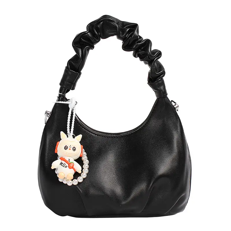 Women's Pleated Shoulder Bag with Doll Design Beige - Image 5