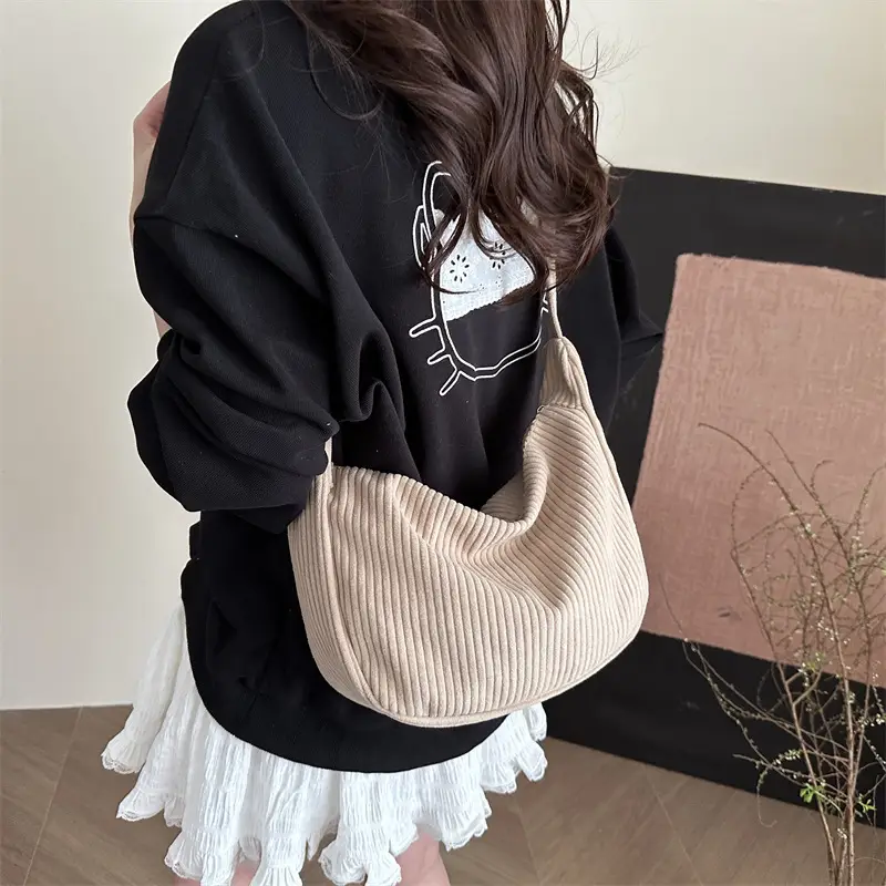 Crescent Bag 2025 New Japanese Style Pure Color Corduroy - Image 12