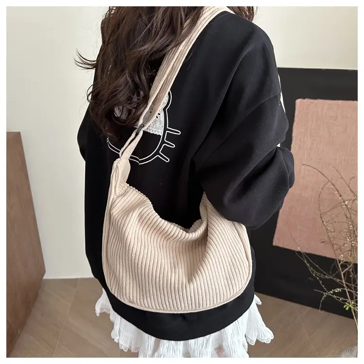 Crescent Bag 2025 New Japanese Style Pure Color Corduroy — feature 11