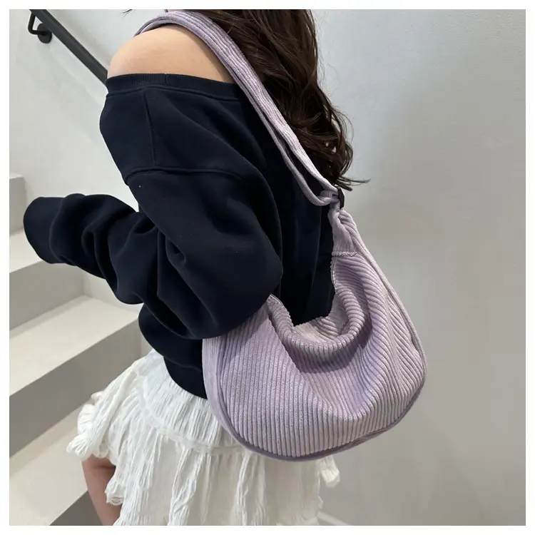 Crescent Bag 2025 New Japanese Style Pure Color Corduroy — feature 13