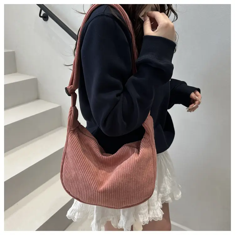 Crescent Bag 2025 New Japanese Style Pure Color Corduroy — feature 15