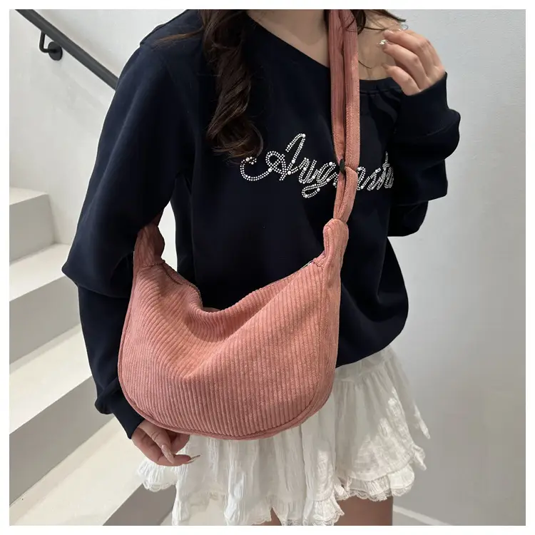 Crescent Bag 2025 New Japanese Style Pure Color Corduroy — feature 16