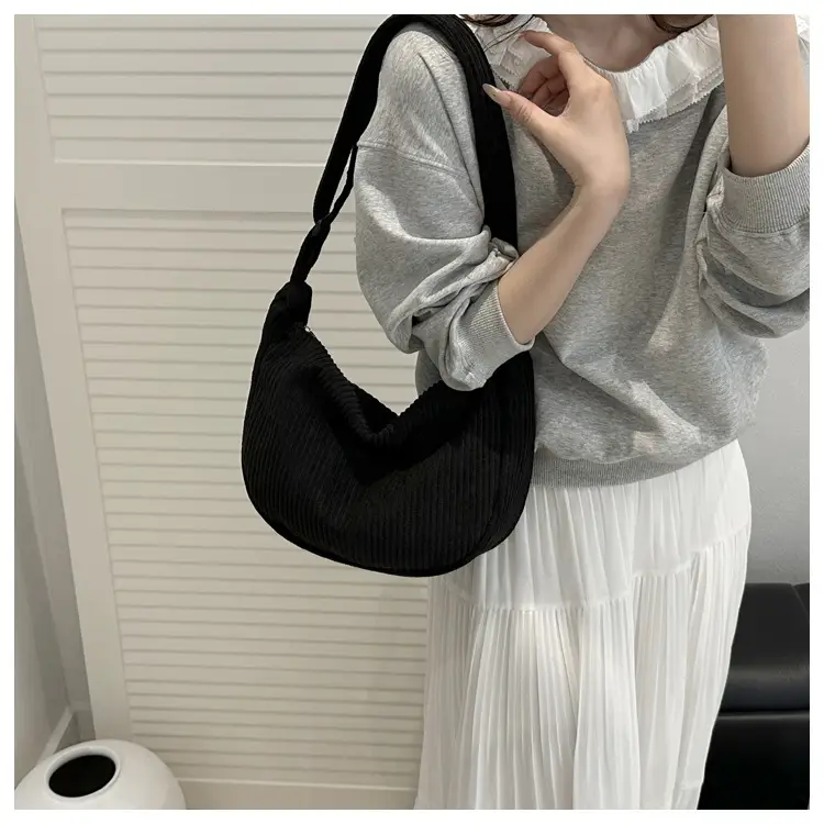 Crescent Bag 2025 New Japanese Style Pure Color Corduroy — feature 19