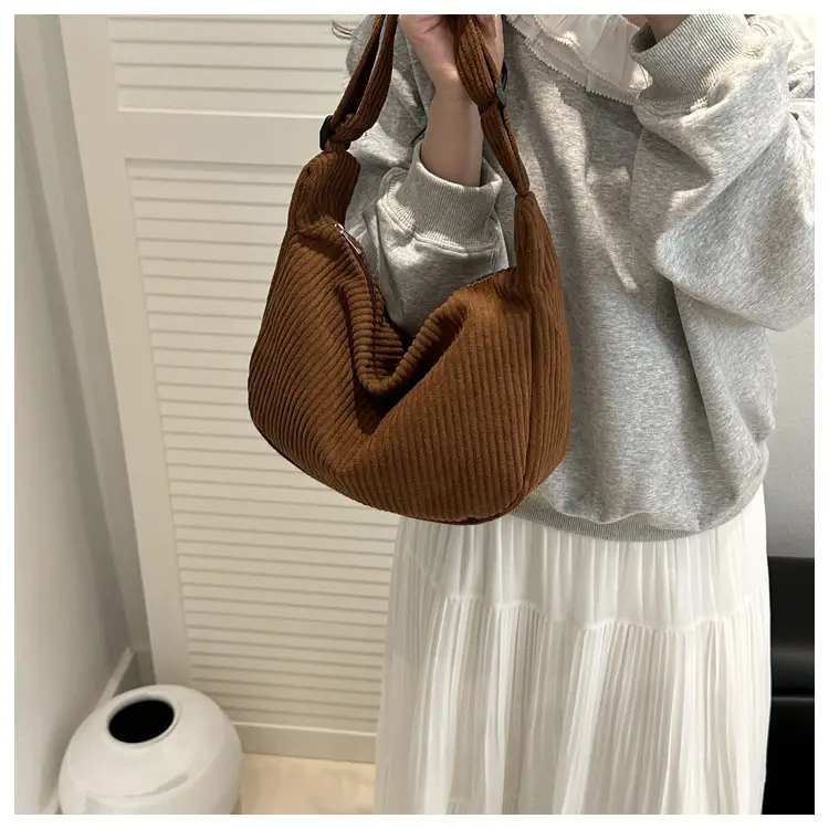 Crescent Bag 2025 New Japanese Style Pure Color Corduroy — feature 21