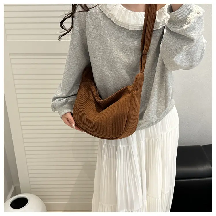 Crescent Bag 2025 New Japanese Style Pure Color Corduroy — feature 22