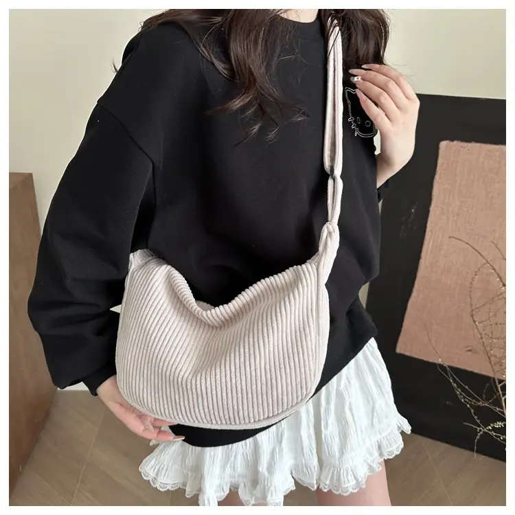 Crescent Bag 2025 New Japanese Style Pure Color Corduroy — feature 9