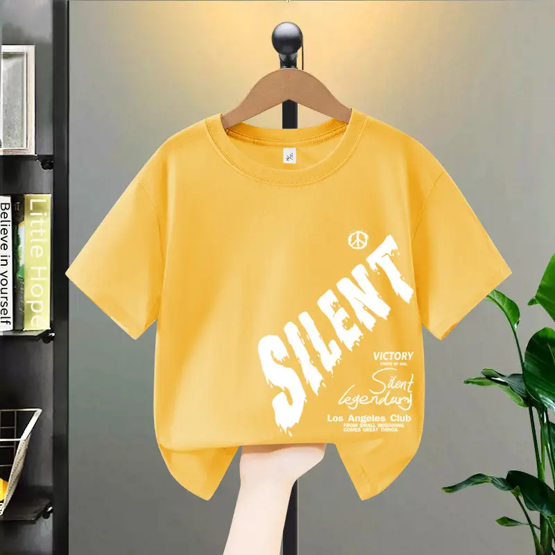 Boys Cotton Letter Printed Short Sleeve Yellow T-Shirt - Image 4