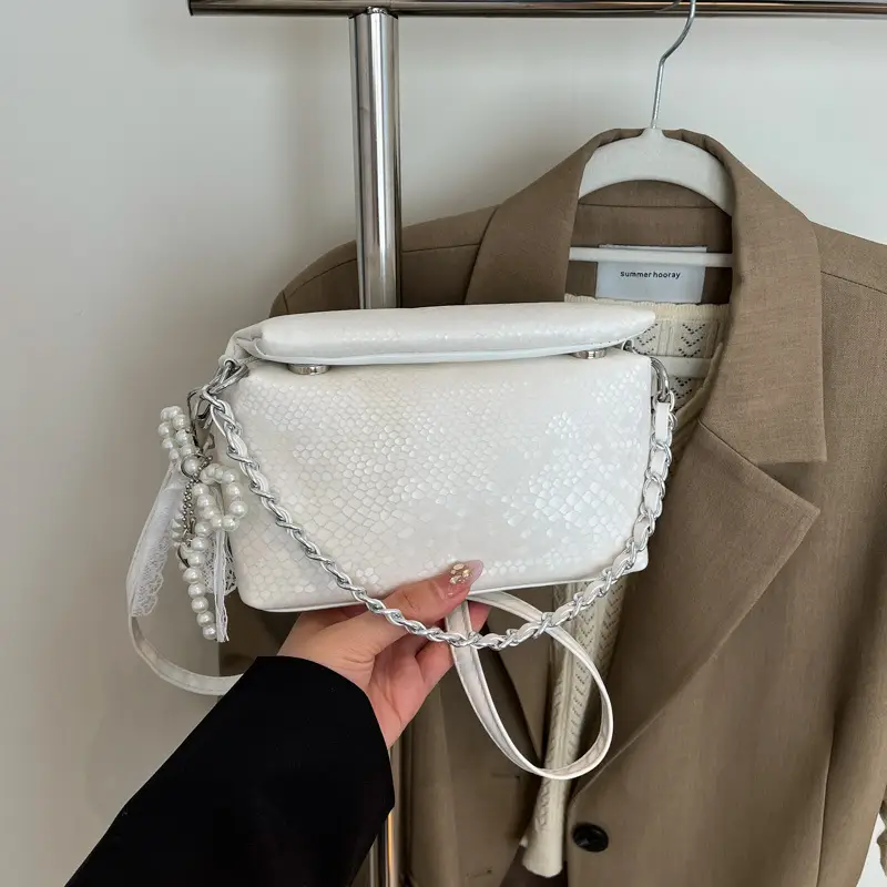 White Pearl-Strap Crossbody Bag for Women - Image 3