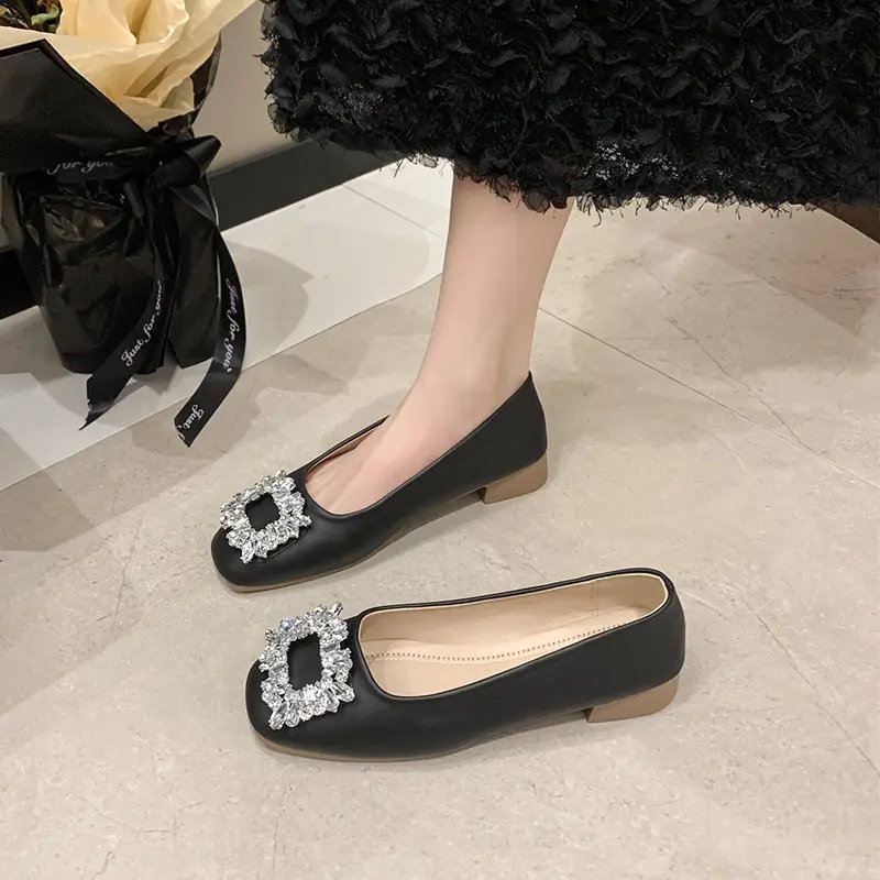 Women Rhinestone Flat Shoes Black Square Toe Slip-On - Image 5